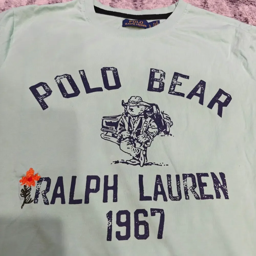 Polo Ralph Lauren Embroidered Polo Bear T Shirt Mint Green Graphic Men Large